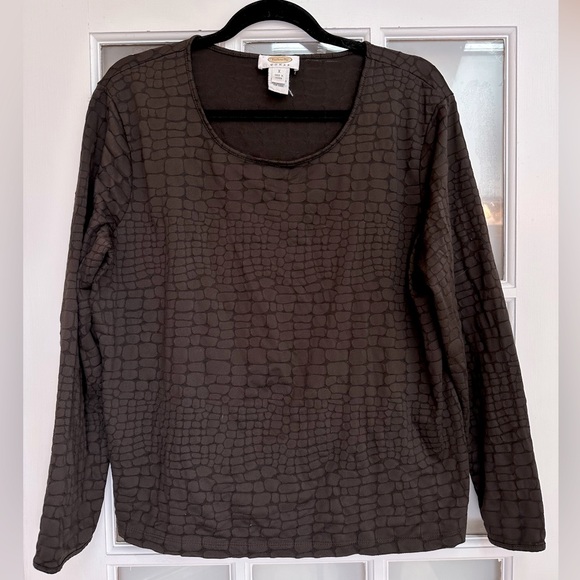 Talbots Chocolate Long Sleeve Textured Alligator Print Stretchy Top Plus Size 0X - Picture 1 of 9